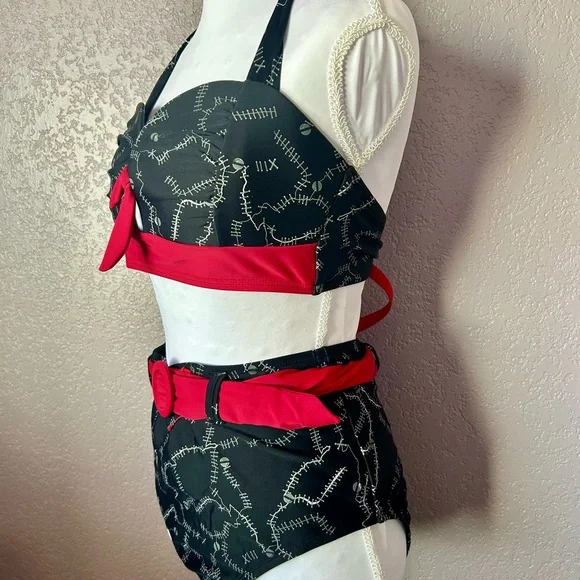 Unique Vintage Black Swim Two-Piece with Red Accents - Picture 2 of 6